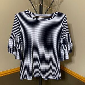 Alya navy blue & white striped top with ruffle sleeves size medium
